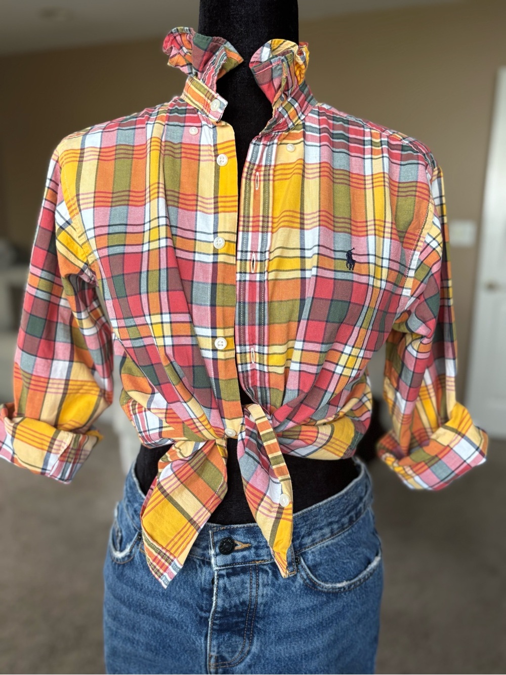 Reworked BOYS Ralph Lauren Yellow Plaid Tie-Front Button-Down Shirt XXS